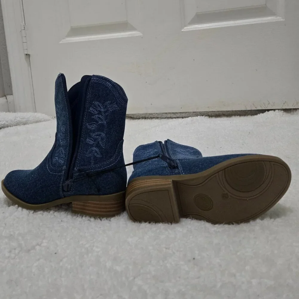 Girls New Side Zip Unlined Flexible Outsole Fabric Upper Denim Western Boots